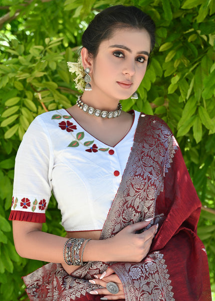 Beautiful White Blouse with Delicate Machine Embroidery and Maroon Combination on Hem and Sleeves