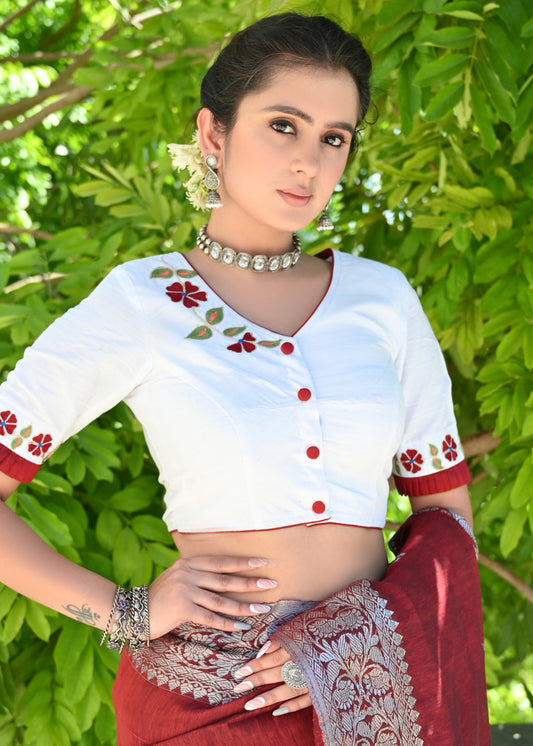 Beautiful White Blouse with Delicate Machine Embroidery and Maroon Combination on Hem and Sleeves