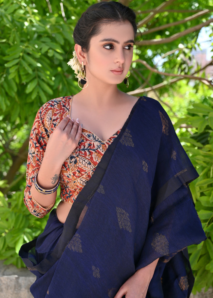 Vintage Kalamkari Blouse with Golden Piping and Colorful Tassels