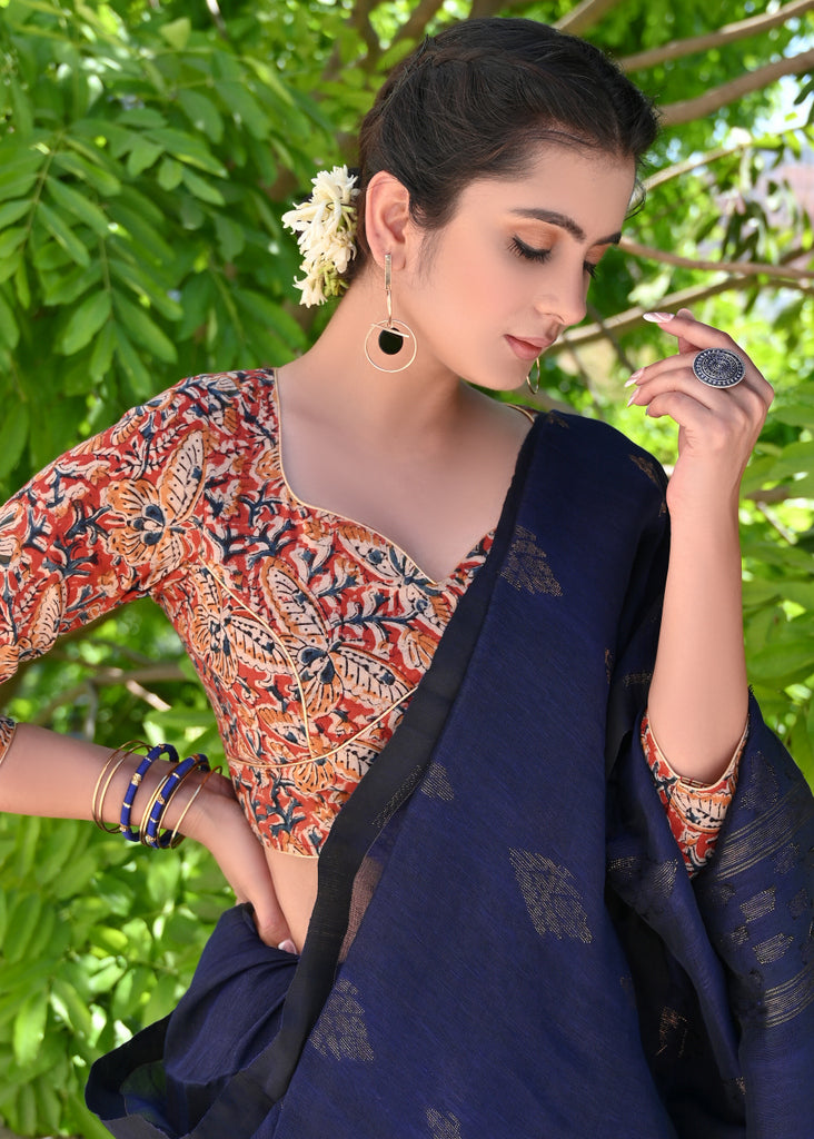 Vintage Kalamkari Blouse with Golden Piping and Colorful Tassels
