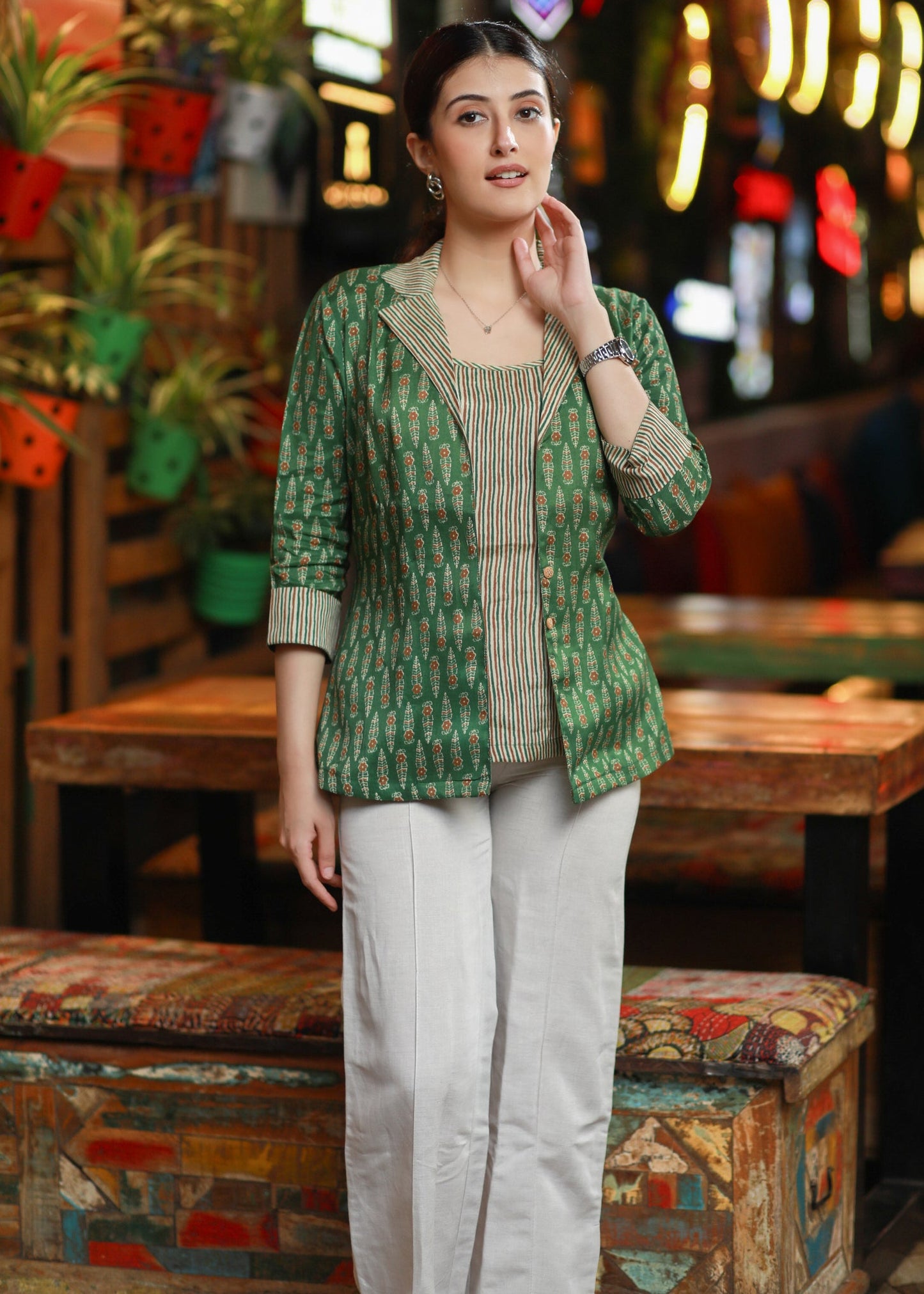 Trendy Floral Emerald Green Printed Jacket - Top optional