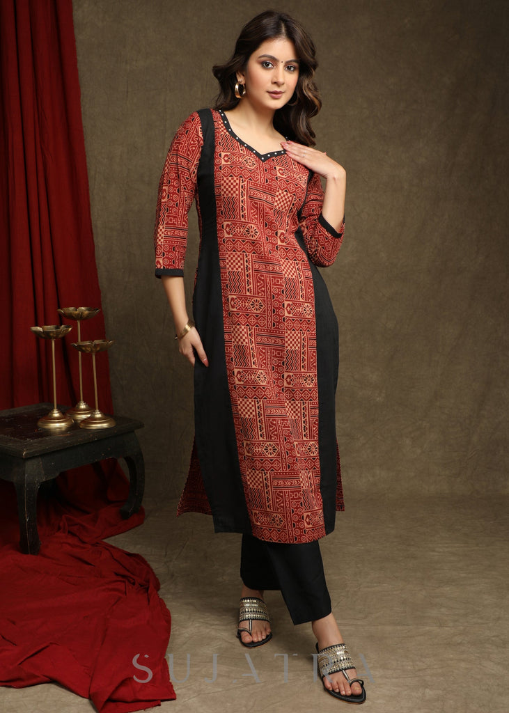 Elegant Maroon Ajrakh Combination Kurta With Beautiful Pearl Highlighting - Pant Optional