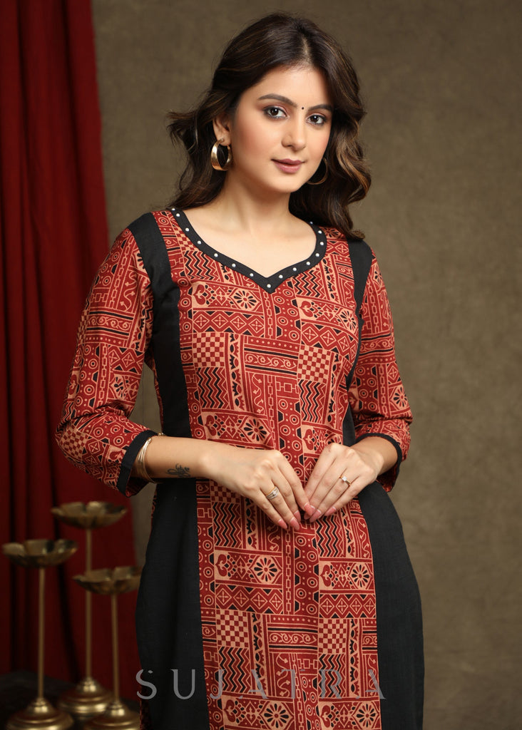 Elegant Maroon Ajrakh Combination Kurta With Beautiful Pearl Highlighting - Pant Optional