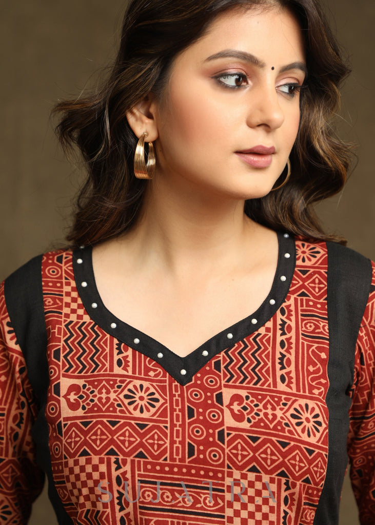 Elegant Maroon Ajrakh Combination Kurta With Beautiful Pearl Highlighting - Pant Optional