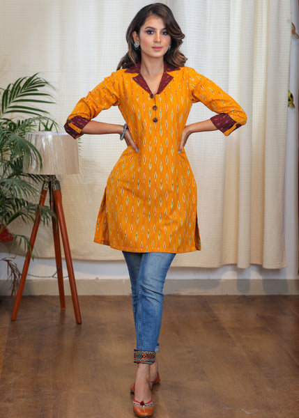 Trendy Mustard Ikat Combination Tunic