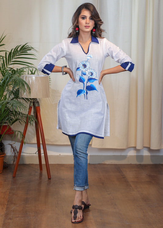 Striking Blue Handpainting on Off white Tunic