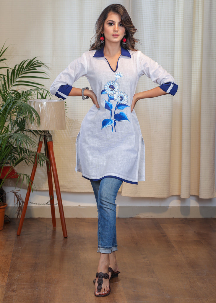 Striking Blue Handpainting on Off white Tunic
