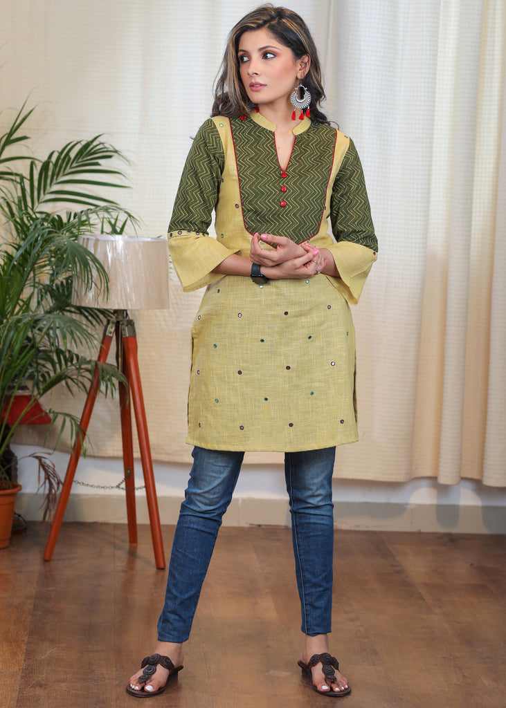 Trendy Ajrakh Tunic With Beautiful Handmade Kutch Mirror Embroidery