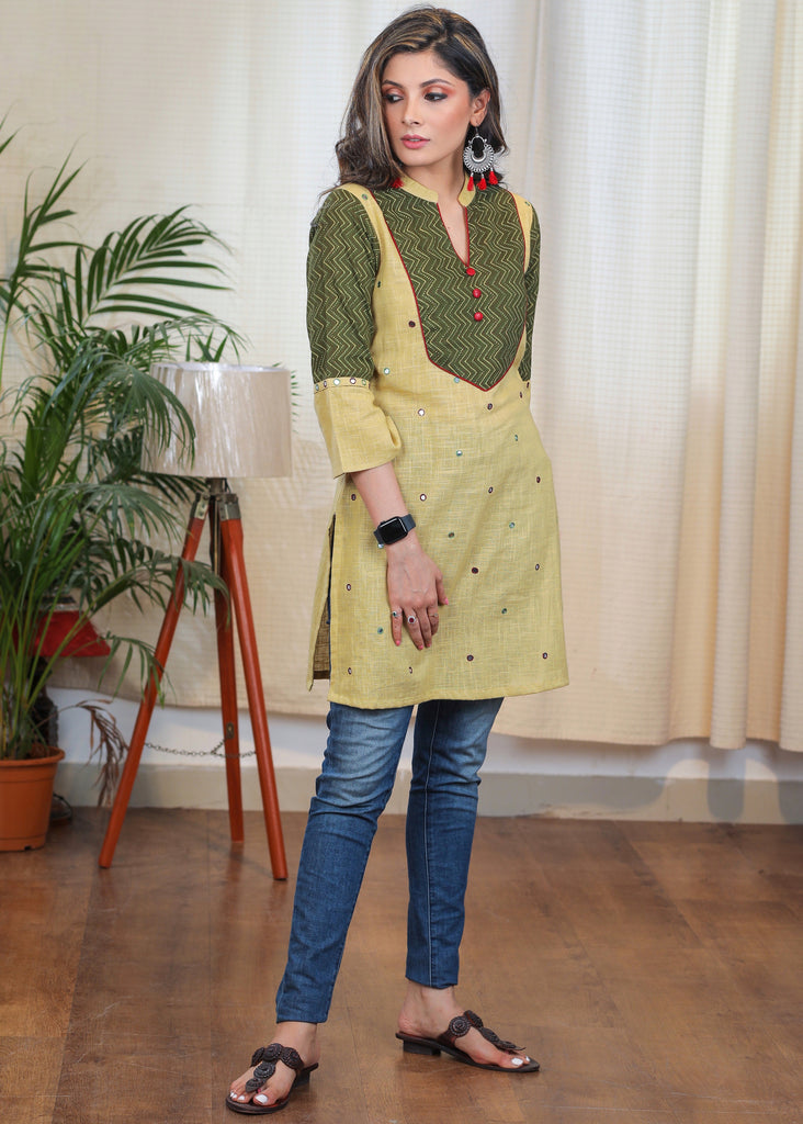 Trendy Ajrakh Tunic With Beautiful Handmade Kutch Mirror Embroidery