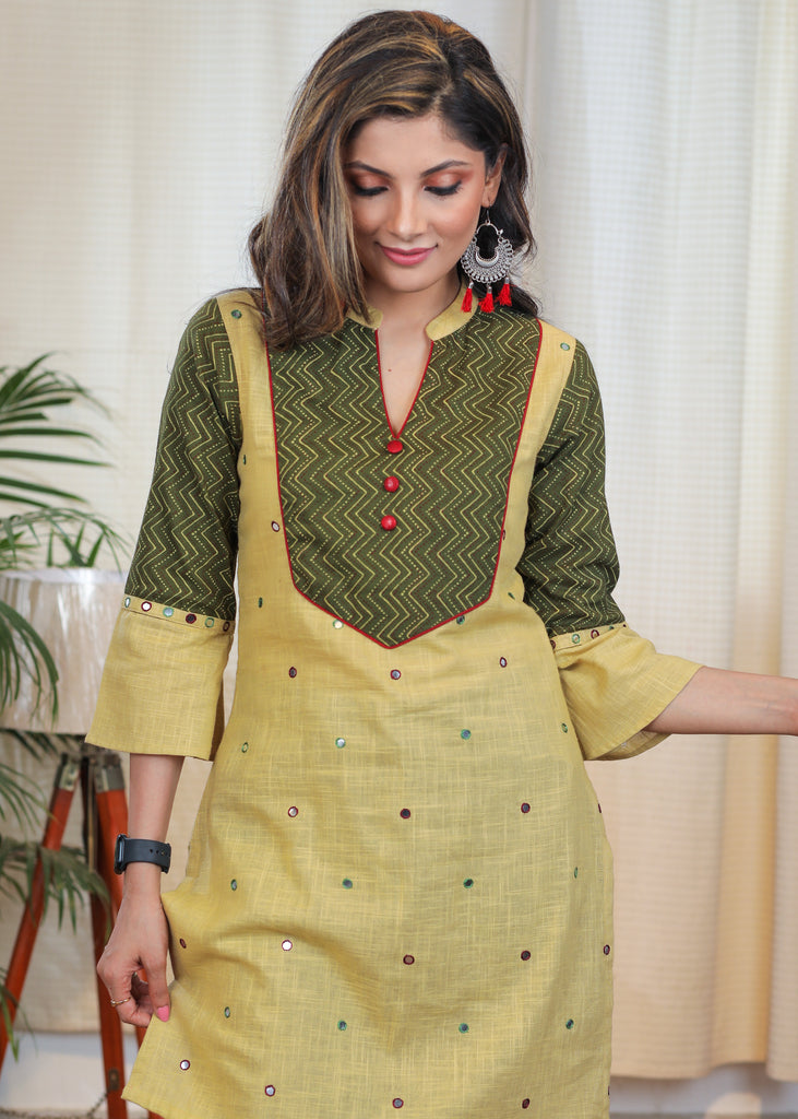Trendy Ajrakh Tunic With Beautiful Handmade Kutch Mirror Embroidery