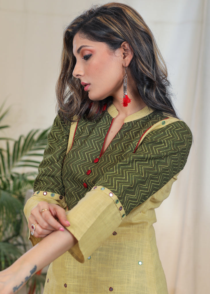 Trendy Ajrakh Tunic With Beautiful Handmade Kutch Mirror Embroidery