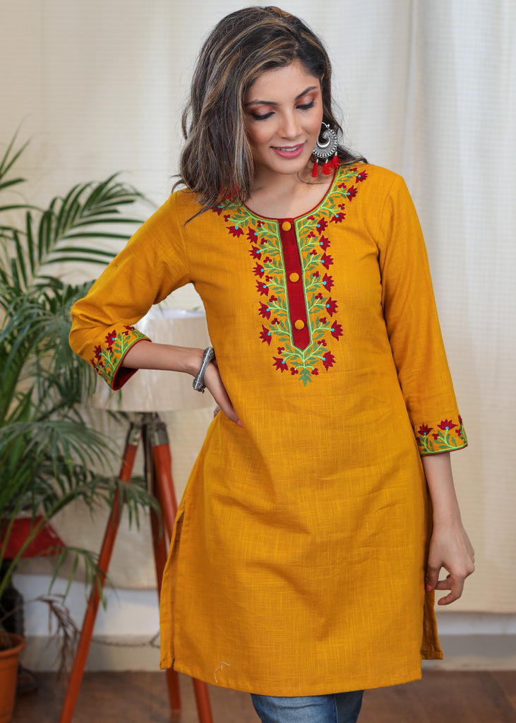 Trendy Mustard Cotton Tunic with Contrast Embroidery