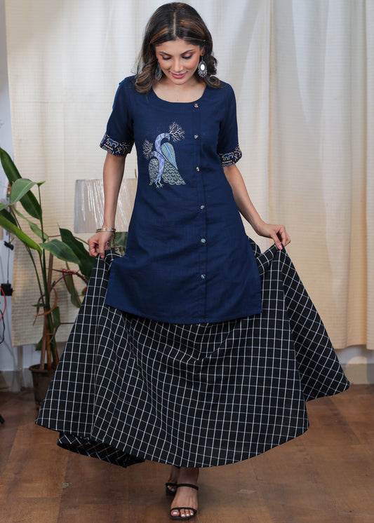 Rare Hand Painted Gond Art on Blue Cotton tunic