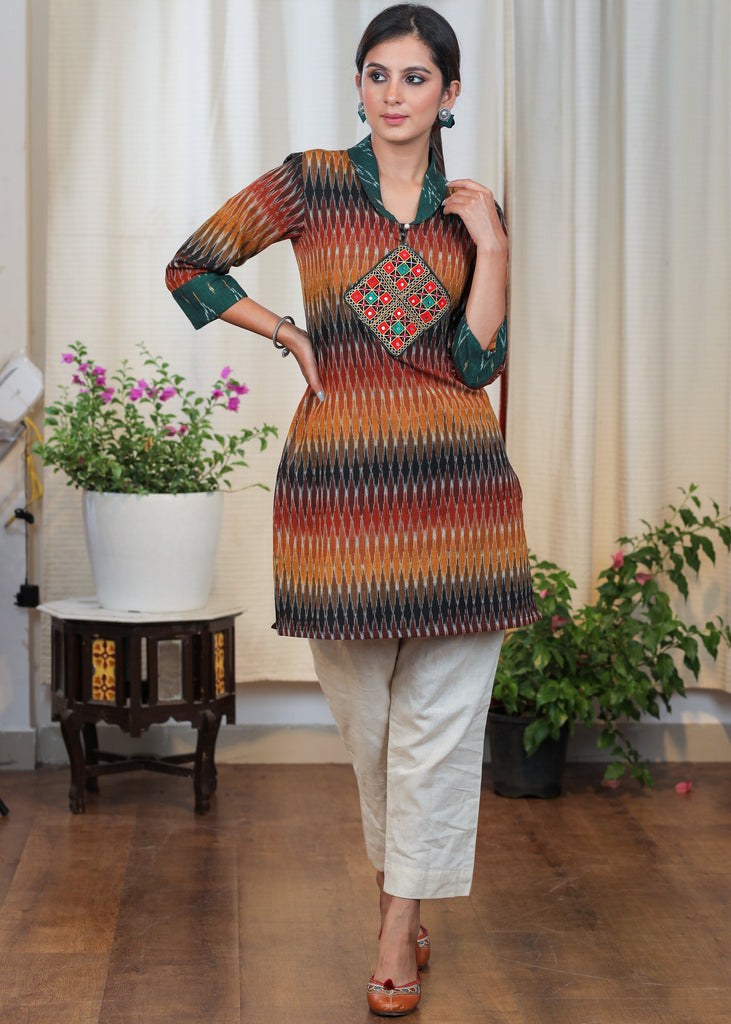 Graceful Ikat Combination tunic With Hand made Kutch Mirror Work Embroidery