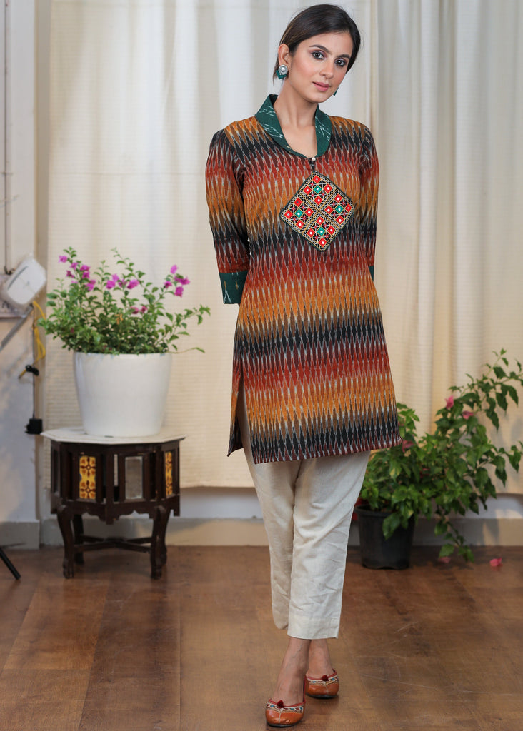 Graceful Ikat Combination tunic With Hand made Kutch Mirror Work Embroidery