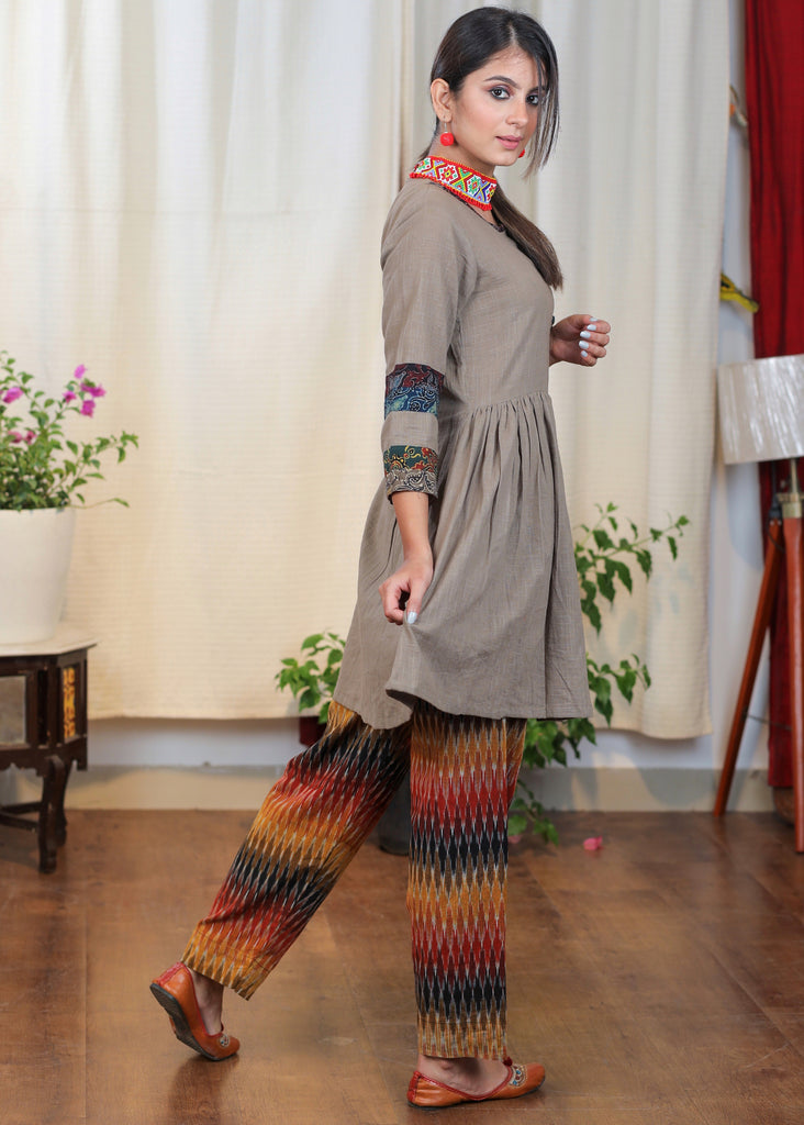 Cement Color Cotton Tunic With Ajrakh Combination and classy Buttons