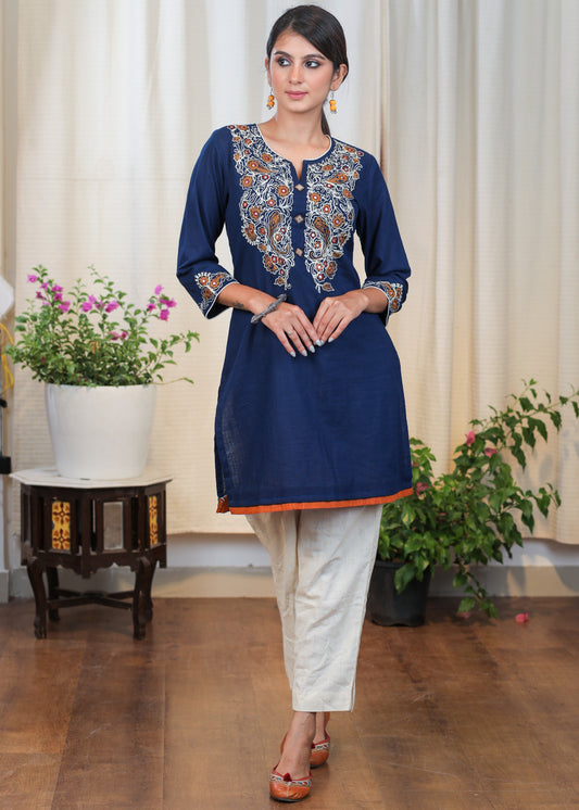 Navy Blue Cotton Tunic with Beautiful Embroidery upto Waist and on Sleeves