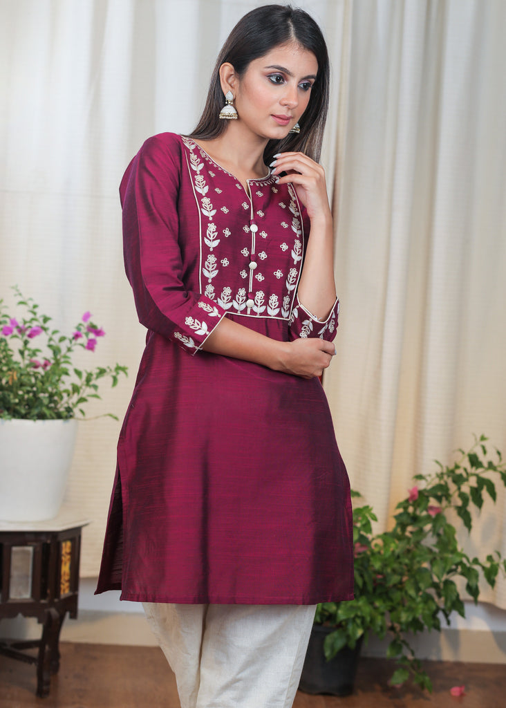 Wine Colour Cotton Silk Tunic with Beautiful Embroidery in White