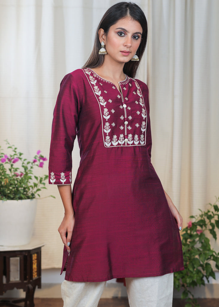 Wine Colour Cotton Silk Tunic with Beautiful Embroidery in White