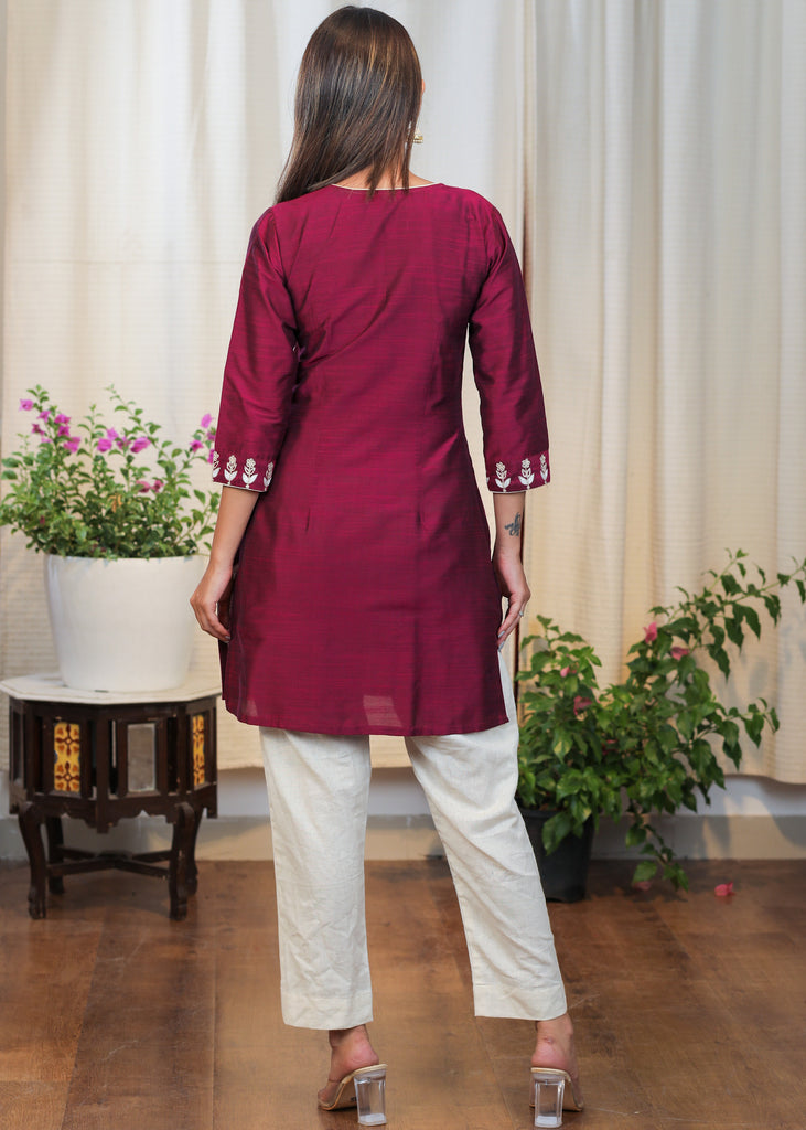 Wine Colour Cotton Silk Tunic with Beautiful Embroidery in White
