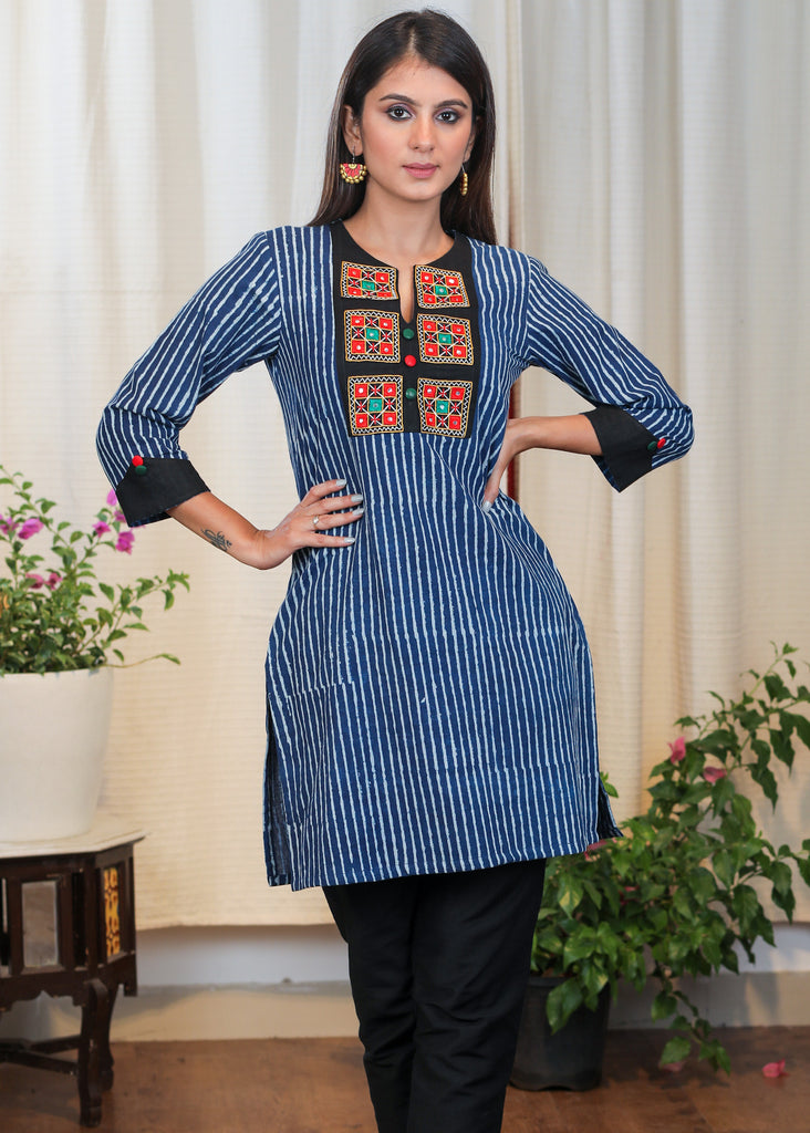 Stylish Striped Indigo Tunic With Handmade Kutch Mirror Work Embroidery