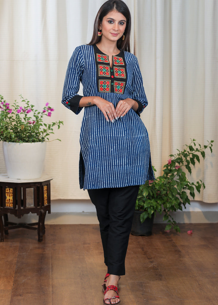 Stylish Striped Indigo Tunic With Handmade Kutch Mirror Work Embroidery