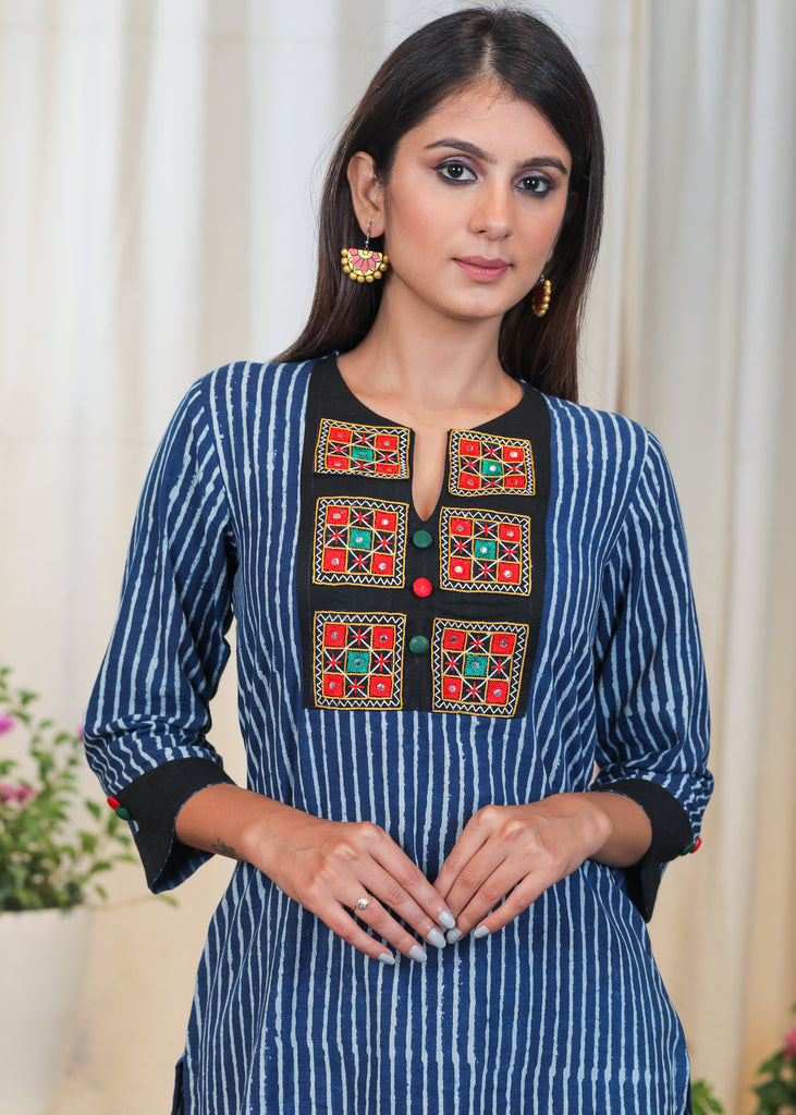 Stylish Striped Indigo Tunic With Handmade Kutch Mirror Work Embroidery