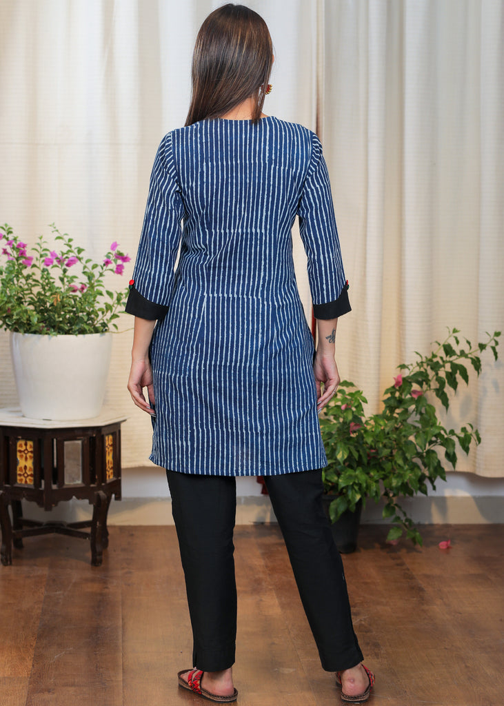 Stylish Striped Indigo Tunic With Handmade Kutch Mirror Work Embroidery