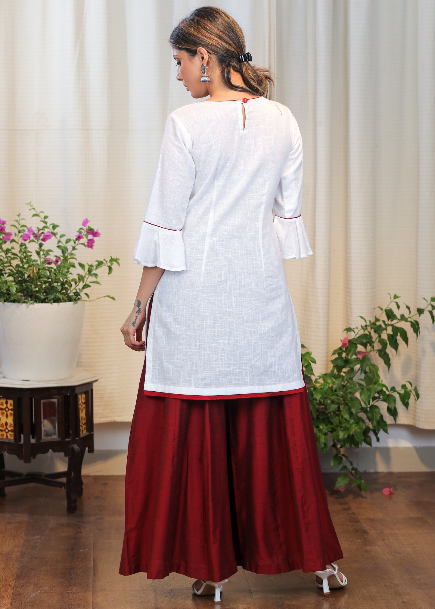 Off white Cotton Handloom Tunic With Elegant Embroidery in Contrast