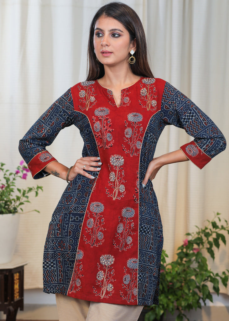 Elegant Cotton Ajrakh Combination Tunic with Moti work