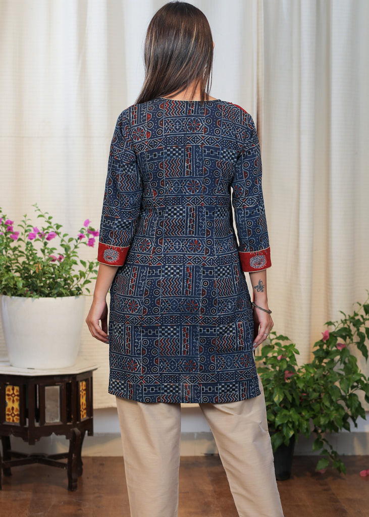 Elegant Cotton Ajrakh Combination Tunic with Moti work