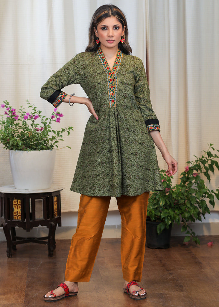 Trendy Green Ajrakh Tunic With Beautiful Handmade Kutch Mirror Embroidery