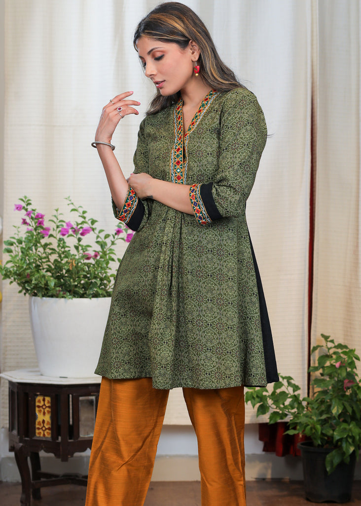 Trendy Green Ajrakh Tunic With Beautiful Handmade Kutch Mirror Embroidery