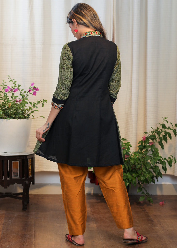 Trendy Green Ajrakh Tunic With Beautiful Handmade Kutch Mirror Embroidery