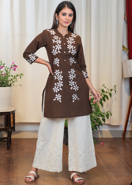 Graceful Coffee Brown Cotton Tunic with Beautiful full length Aaplic work