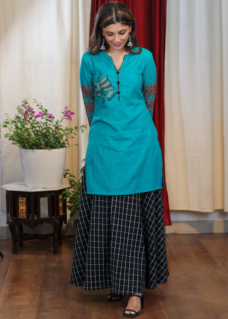 Unique Rama Colour & Ajrakh Cotton tunic with Rare Hand Painted Gond Art
