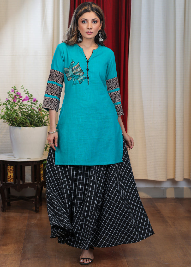 Unique Rama Colour & Ajrakh Cotton tunic with Rare Hand Painted Gond Art