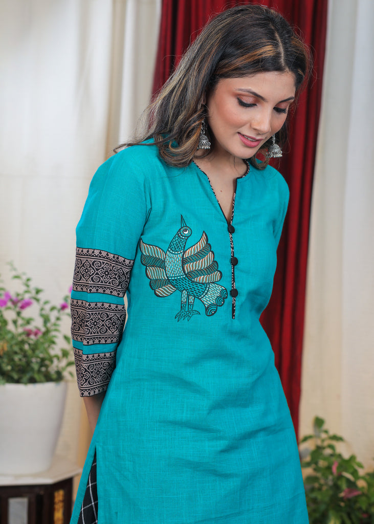 Unique Rama Colour & Ajrakh Cotton tunic with Rare Hand Painted Gond Art
