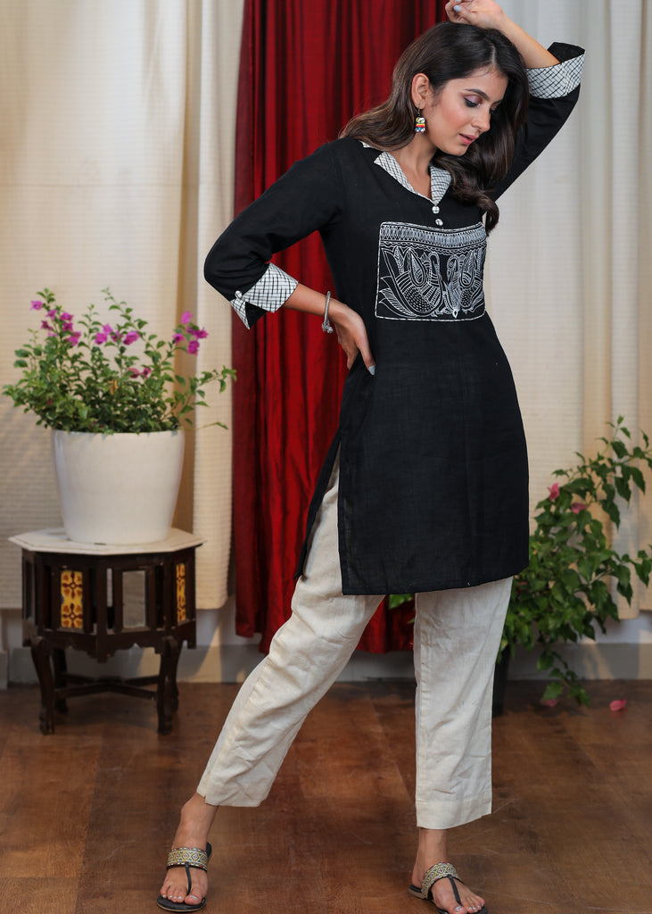 Classic Black Cotton Tunic with Ikat details and exclusive Hand Painted Madhubani Art