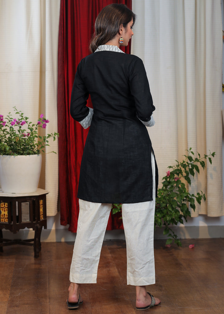 Classic Black Cotton Tunic with Ikat details and exclusive Hand Painted Madhubani Art