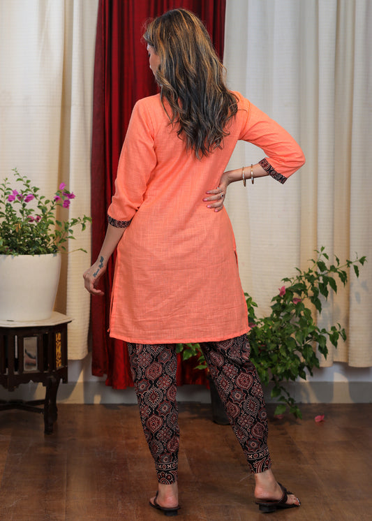 Peach Cotton Handloom Tunic with Elegant Hand painted Madhubani Art