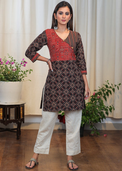 Stylish Cotton Ajrakh Overlapping Tunic with Buttons to Highlight
