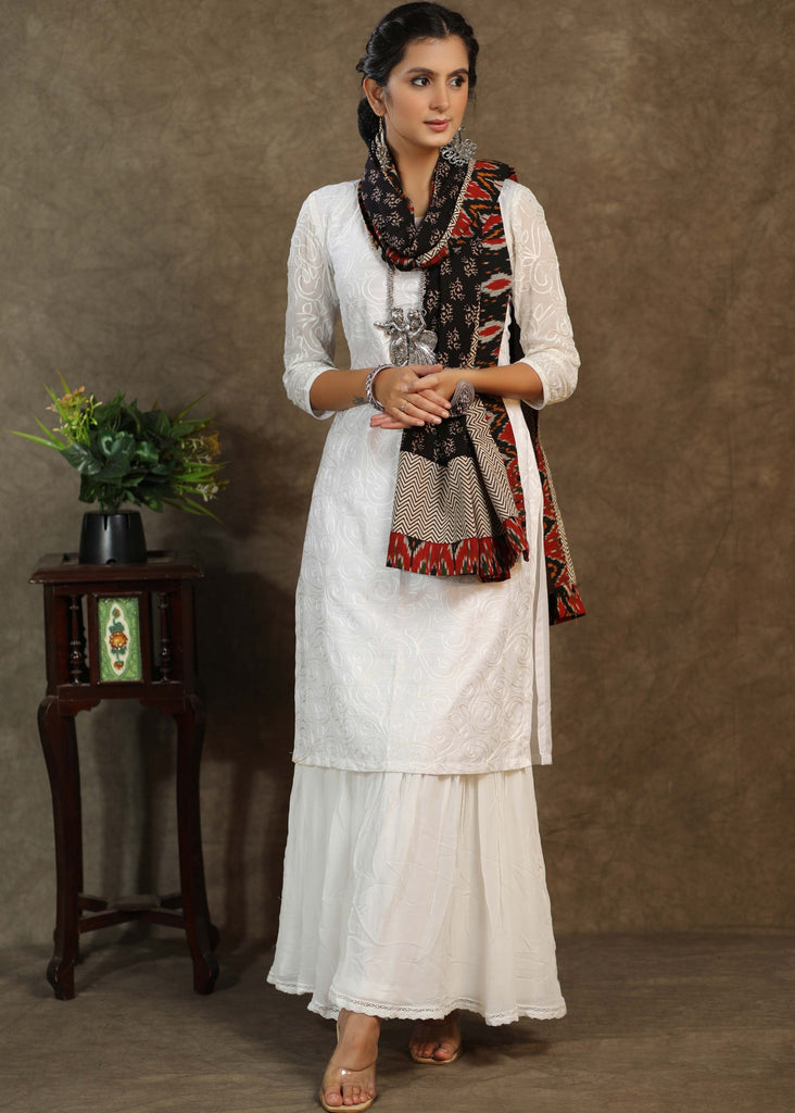 Beautiful black Ajrakh dupatta with multicolor Ikkat border