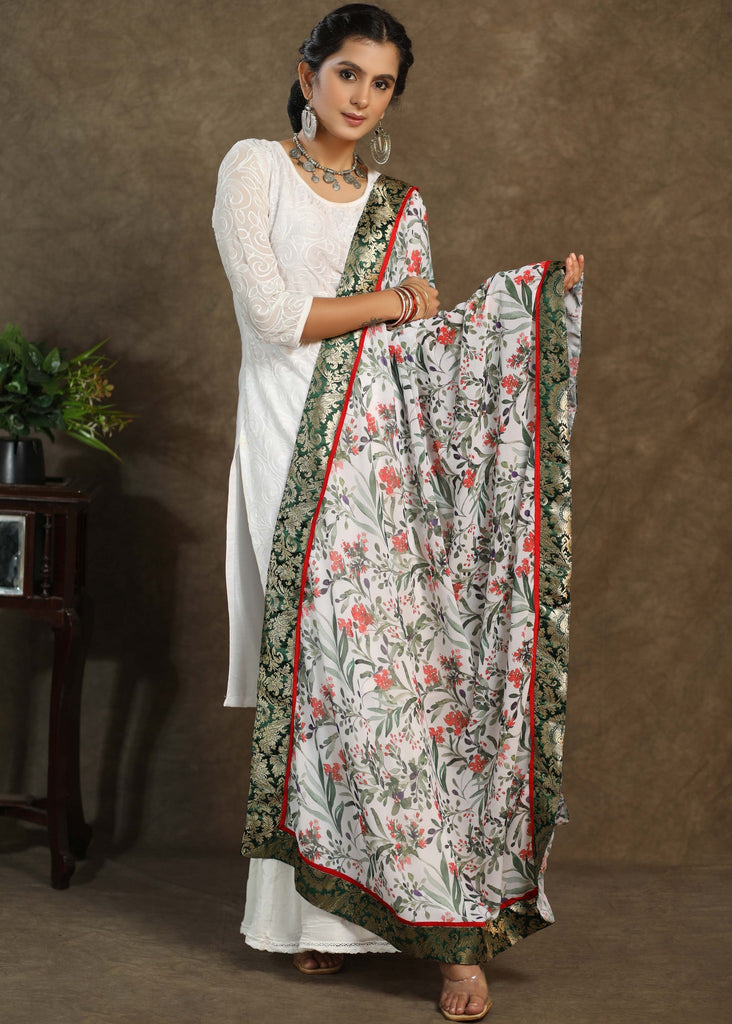 White print dupatta with green Banarasi border