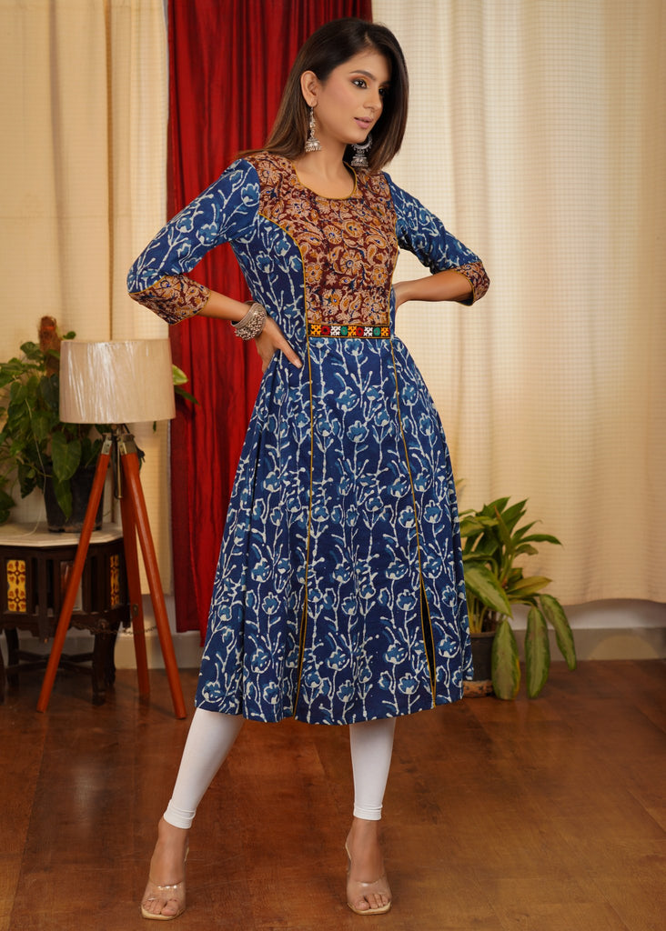 Trendy & Unusual Combination Indigo & Kalamkari A- Line Pure Cotton Kurta.