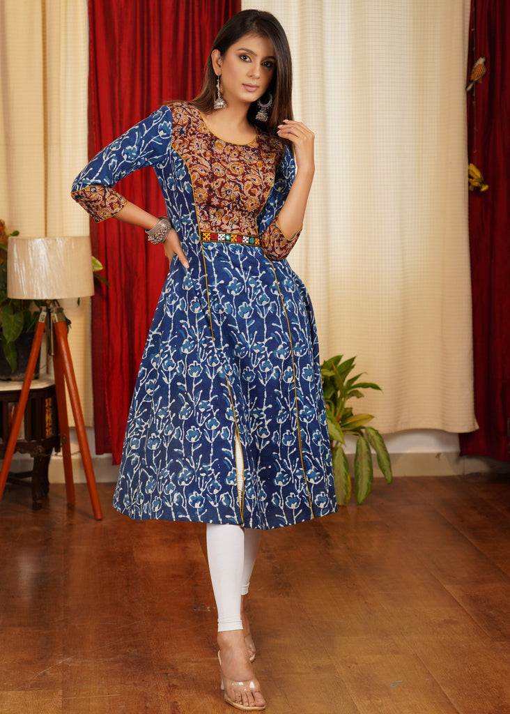 Trendy & Unusual Combination Indigo & Kalamkari A- Line Pure Cotton Kurta.