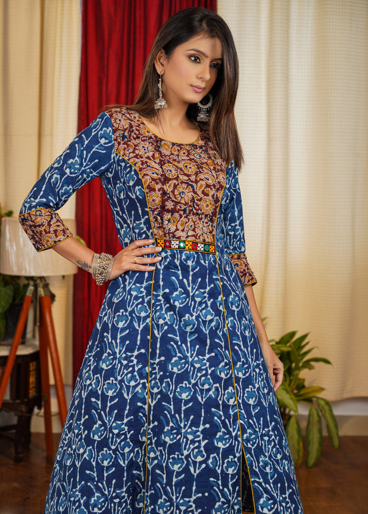 Trendy & Unusual Combination Indigo & Kalamkari A- Line Pure Cotton Kurta.
