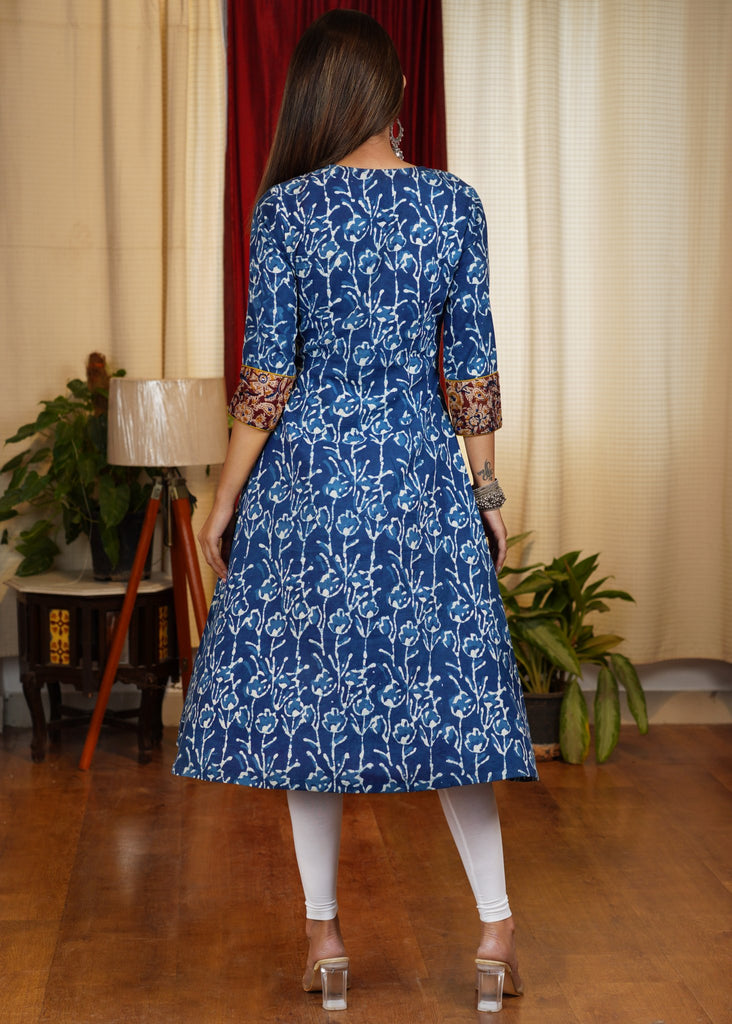 Trendy & Unusual Combination Indigo & Kalamkari A- Line Pure Cotton Kurta.