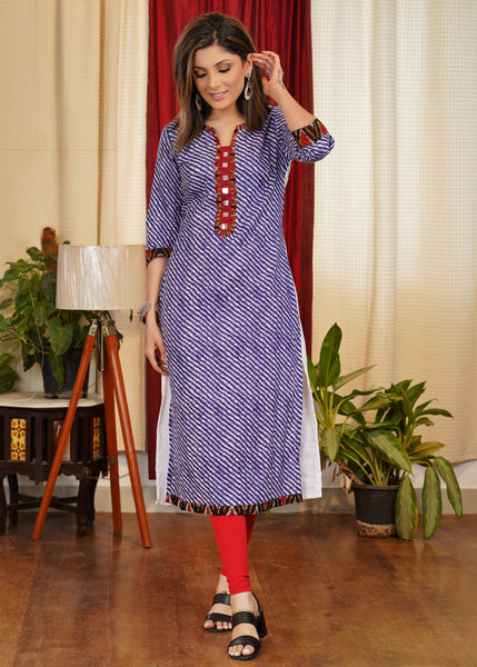 Traditional Leheria Combination Pure Cotton Straight Cut Kurta with Beautiful mirror Work