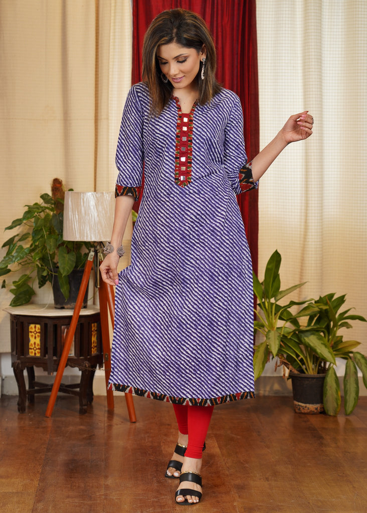 Traditional Leheria Combination Pure Cotton Straight Cut Kurta with Beautiful mirror Work